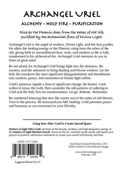 Back of Archangel Uriel altar card with spiritual message about alchemy, purification, and transformation through divine light