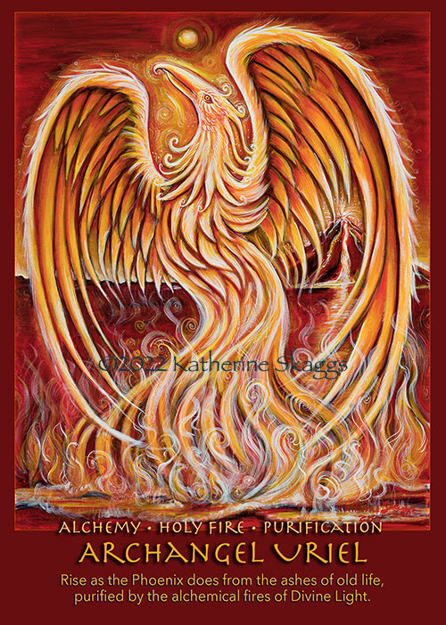 Archangel Uriel altar card featuring holy fire and phoenix rising symbolism, representing alchemy, purification, and spiritual transformation