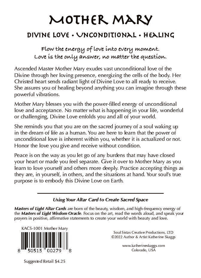 Back of Ascended Master Mother Mary altar card with spiritual message about Divine Love, healing, compassion, inner peace, and soul awakening through unconditional love