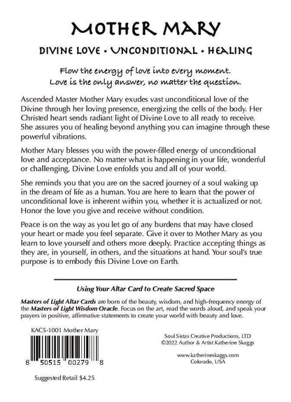 Back of Ascended Master Mother Mary altar card with spiritual message about Divine Love, healing, compassion, inner peace, and soul awakening through unconditional love
