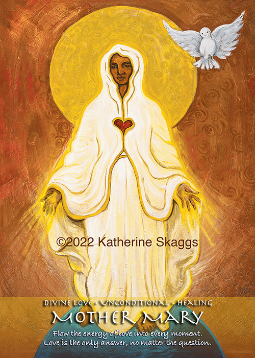Ascended Master Mother Mary altar card featuring Divine Love, unconditional healing, and compassionate feminine energy, with sacred artwork and radiant heart-centered light