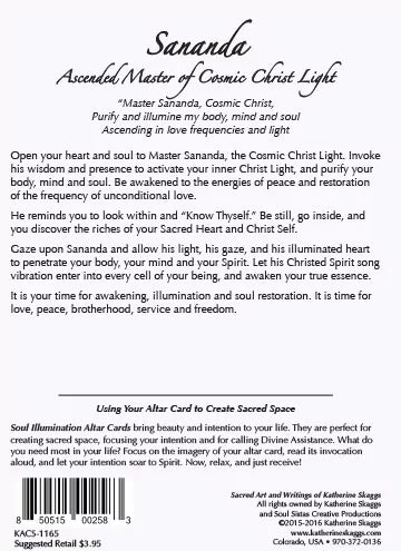 Back of Ascended Master Sananda altar card with spiritual message and invocation to the Cosmic Christ, guiding meditation, inner stillness, heart activation, and soul purification through Christed light frequencies