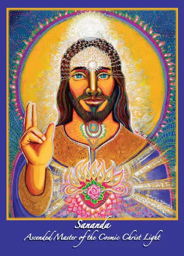 Ascended Master Sananda altar card featuring Cosmic Christ Light energy, radiant Christ consciousness activation, and sacred spiritual artwork by Katherine Skaggs, supporting heart awakening, purification, and unconditional love
