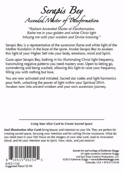 Back of Ascended Master Serapis Bey altar card with guided invocation and teachings on transformation, purification, ascension, Kundalini energy, spiritual discipline, and awakening through white Christ Light frequencies