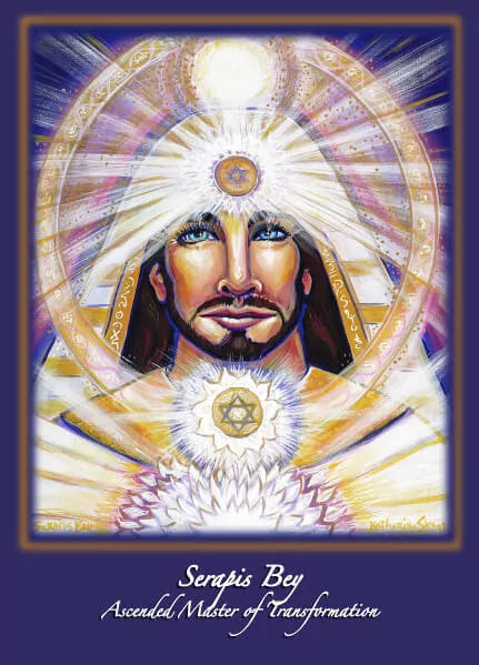 Ascended Master Serapis Bey altar card by Katherine Skaggs featuring transformation energy, golden and white ascension flame, Kundalini awakening, and sacred light codes activating spiritual DNA and higher consciousness