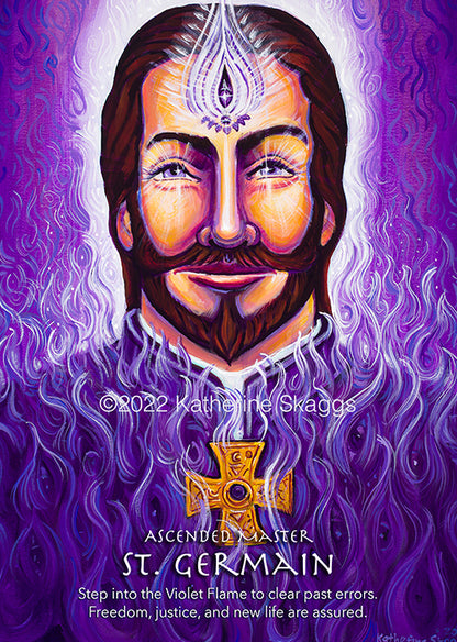 Ascended Master St. Germain altar card by Katherine Skaggs featuring Violet Flame energy, spiritual alchemy, transformation, freedom, and sacred light activation for purification, karmic release, and ascension