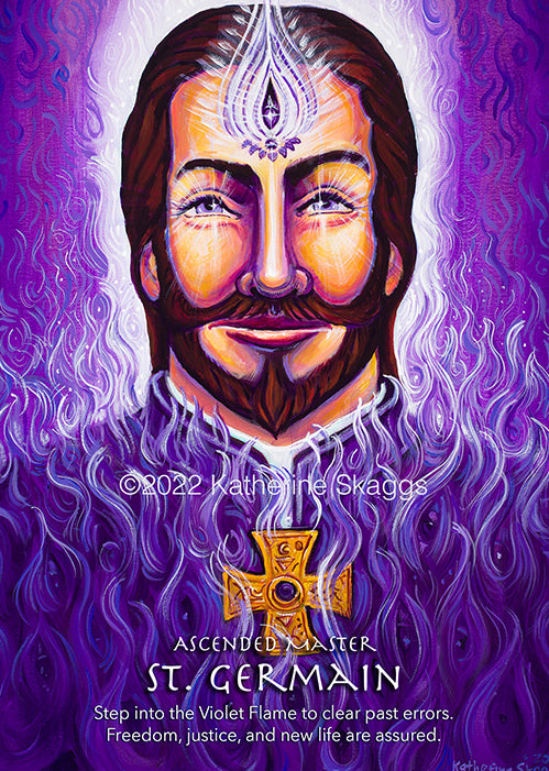 Ascended Master St. Germain altar card by Katherine Skaggs featuring Violet Flame energy, spiritual alchemy, transformation, freedom, and sacred light activation for purification, karmic release, and ascension