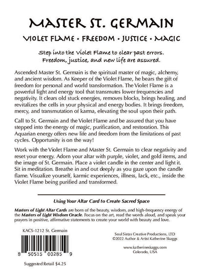 Back of Ascended Master St. Germain altar card with guided teachings on the Violet Flame, including meditation instructions, energy clearing, karmic transmutation, spiritual transformation, and awakening through sacred fire light