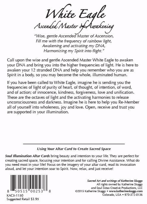 Back of 5x7 Ascended Master White Eagle altar card with invocation and teachings on awakening, 12 strand DNA activation, light codes, spiritual evolution, and alignment with higher frequencies of love and unity