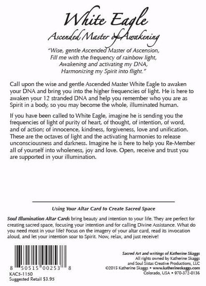 Back of 5x7 Ascended Master White Eagle altar card with invocation and teachings on awakening, 12 strand DNA activation, light codes, spiritual evolution, and alignment with higher frequencies of love and unity