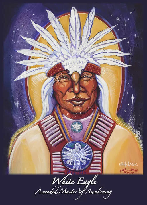 5x7 Ascended Master White Eagle altar card by Katherine Skaggs featuring awakening energy, rainbow light frequencies, DNA activation, and luminous spiritual artwork for higher consciousness and illumination