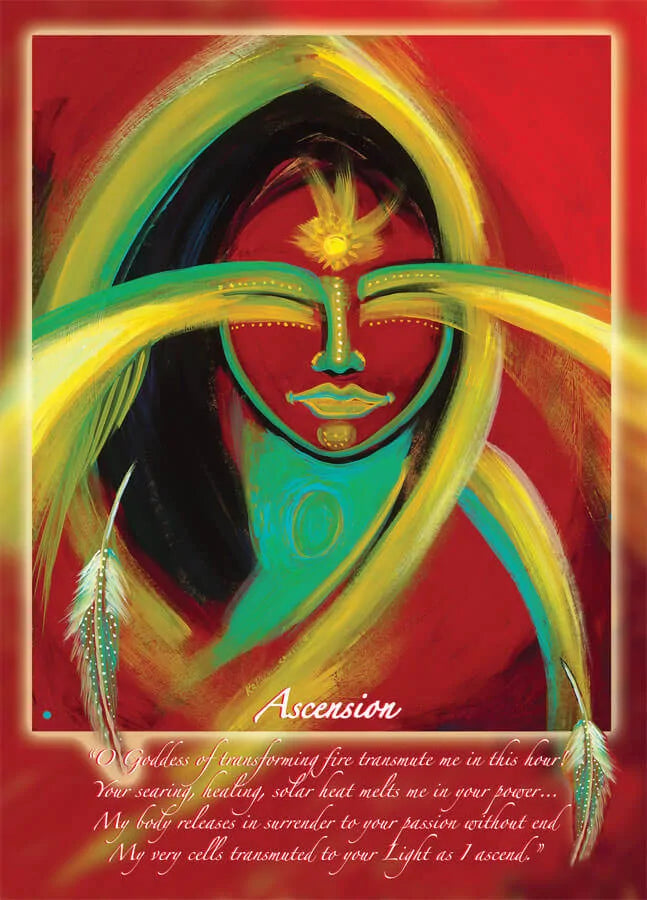 5x7 Ascension Goddess altar card by Katherine Skaggs featuring transforming fire energy, divine feminine power, radiant solar light, and sacred artwork for spiritual awakening, transmutation, and ascension