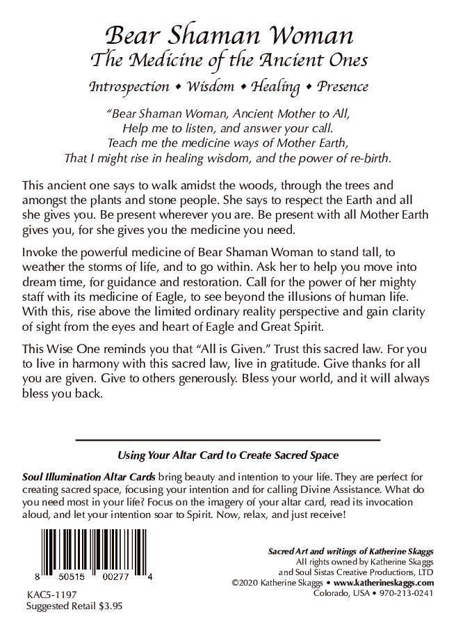 Back of 5x7 Bear Shaman Woman altar card with invocation and teachings on bear medicine, gratitude, dream time guidance, Earth connection, spiritual healing, inner wisdom, and the vision of Eagle and Great Spirit