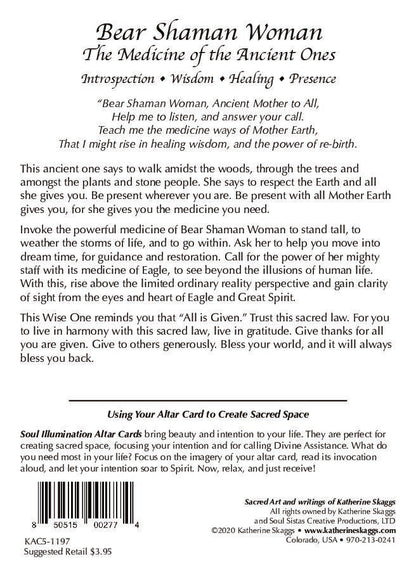 Back of 5x7 Bear Shaman Woman altar card with invocation and teachings on bear medicine, gratitude, dream time guidance, Earth connection, spiritual healing, inner wisdom, and the vision of Eagle and Great Spirit