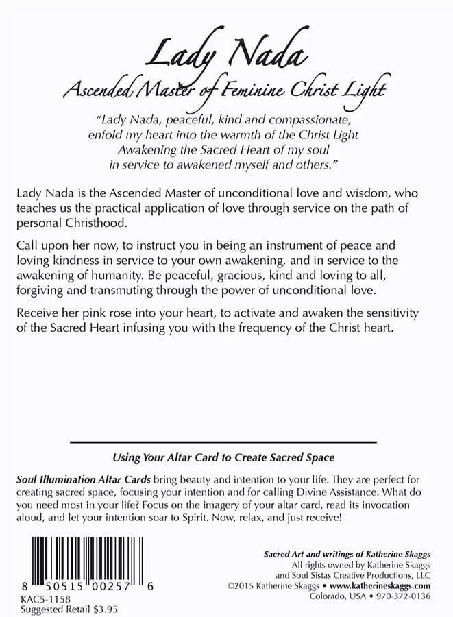 Back text side of Lady Nada oracle card featuring guidance on compassion, forgiveness, and feminine Christ Light healing