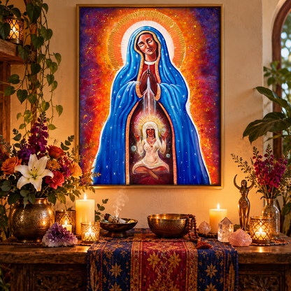A framed religious wall art piece depicting Mary of the Stars (Mother Mary)  in a vibrant blue cloak with a radiant halo, displayed above a decorated altar with candles, flowers, crystals, and metallic bowls in a warm indoor setting, painted by Katherine Skaggs