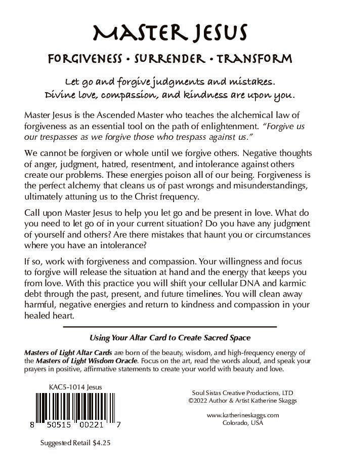 Back of Master Jesus altar card with spiritual message about forgiveness, surrender, and transformation through divine love