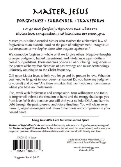 Back of Master Jesus altar card with spiritual message about forgiveness, surrender, and transformation through divine love