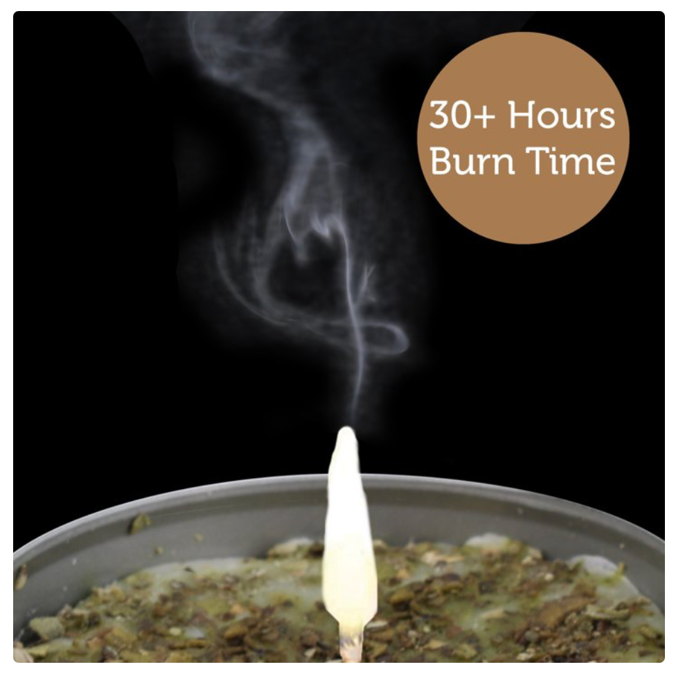 A close-up of a burning candle in a metal vessel with a glowing flame and rising smoke against a black background. A brown circular badge in the top right reads '30+ Hours Burn Time'.