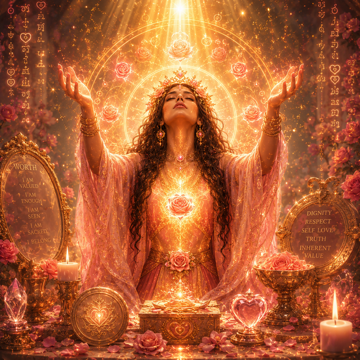 A stylized, highly decorative spiritual scene showing a woman with raised hands in front of a glowing rose and golden light, surrounded by candles, mirrors, crystals, and floral elements. The image appears digitally illustrated or AI-generated rather than a standard product photo.
