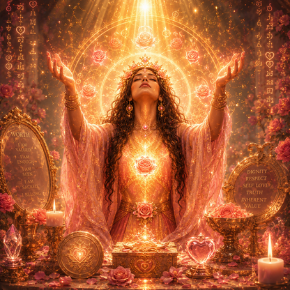 A stylized, highly decorative spiritual scene showing a woman with raised hands in front of a glowing rose and golden light, surrounded by candles, mirrors, crystals, and floral elements. The image appears digitally illustrated or AI-generated rather than a standard product photo.