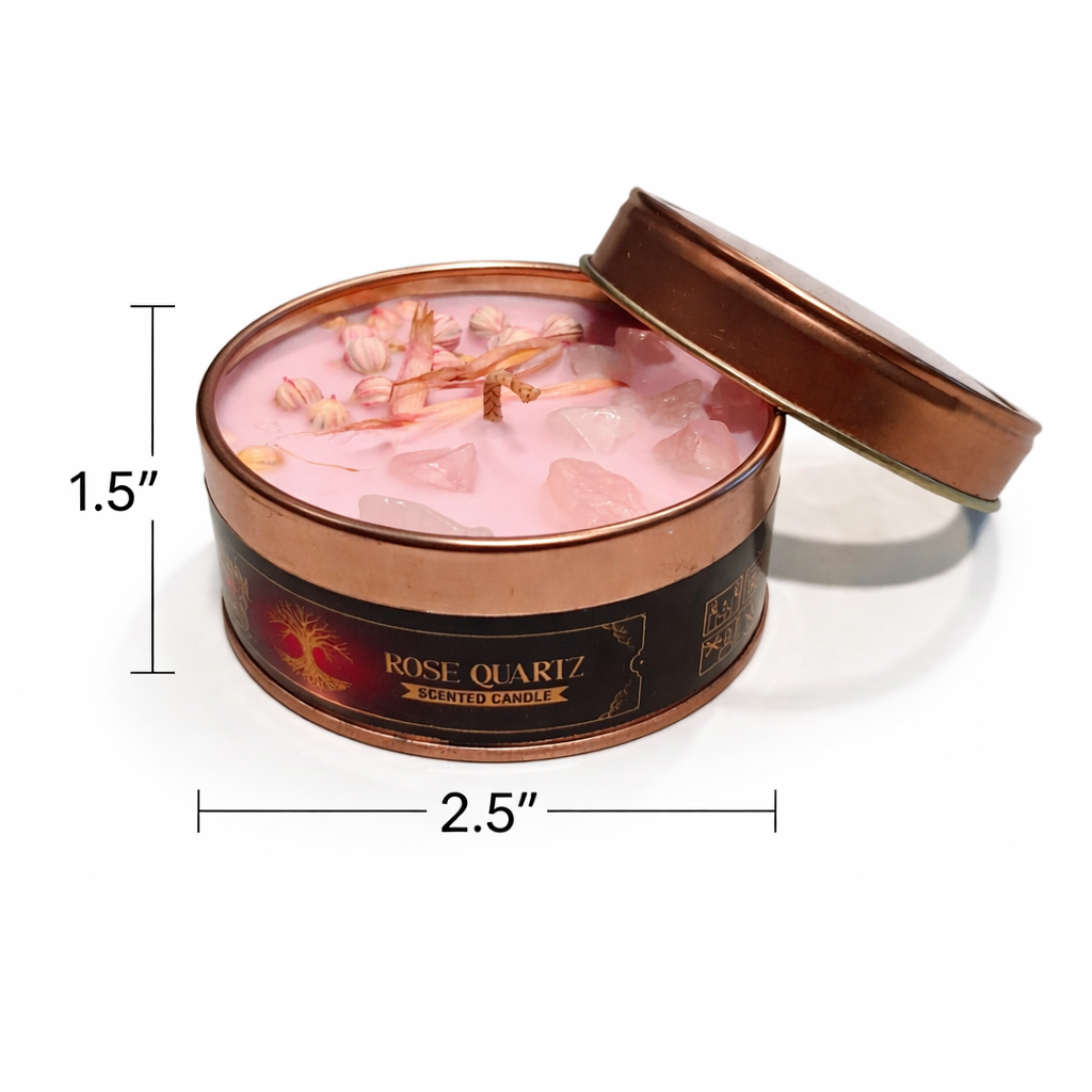 Rose Quartz scented candle in a tin with dimensions labeled