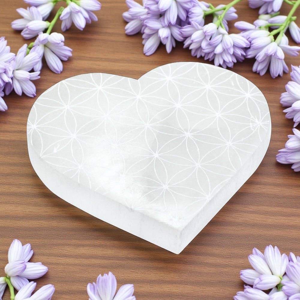 selenite heart flower of life charging plate 4 inch diameter for crystal cleansing and charging