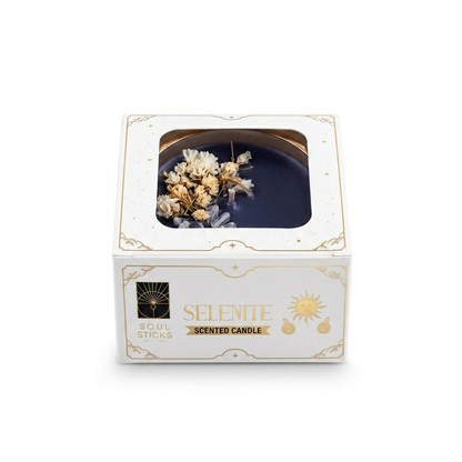 Selenite scented smudge candle in packaging with floral elements on a white background