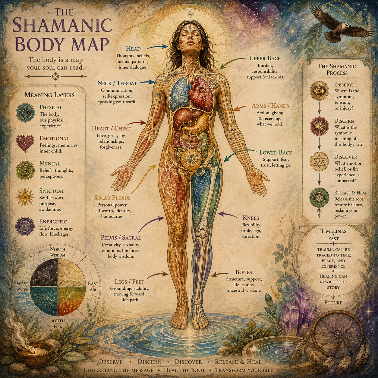 An illustrated poster titled 'The Shamanic Body Map' showing a stylized human figure with labeled body parts, arrows, and mystical text on a parchment-like background with a blue and purple cosmic scene.