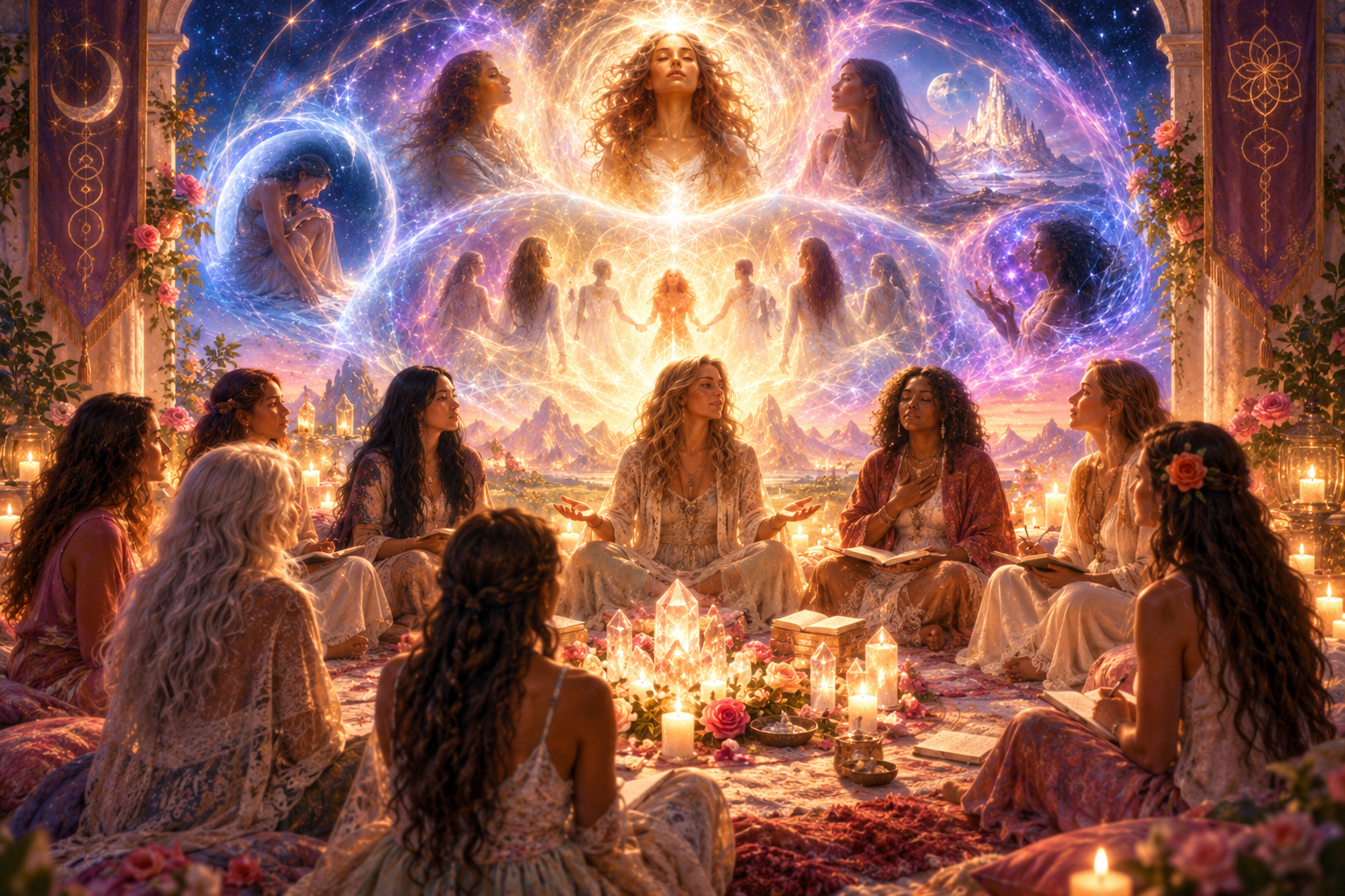 A mystical fantasy scene showing a group of women seated in a circle of candles, facing a glowing cosmic mural with celestial figures and stars. The scene is rich in warm golden light and cool blue-purple nebula tones, with ornate architectural details and floral arrangements.