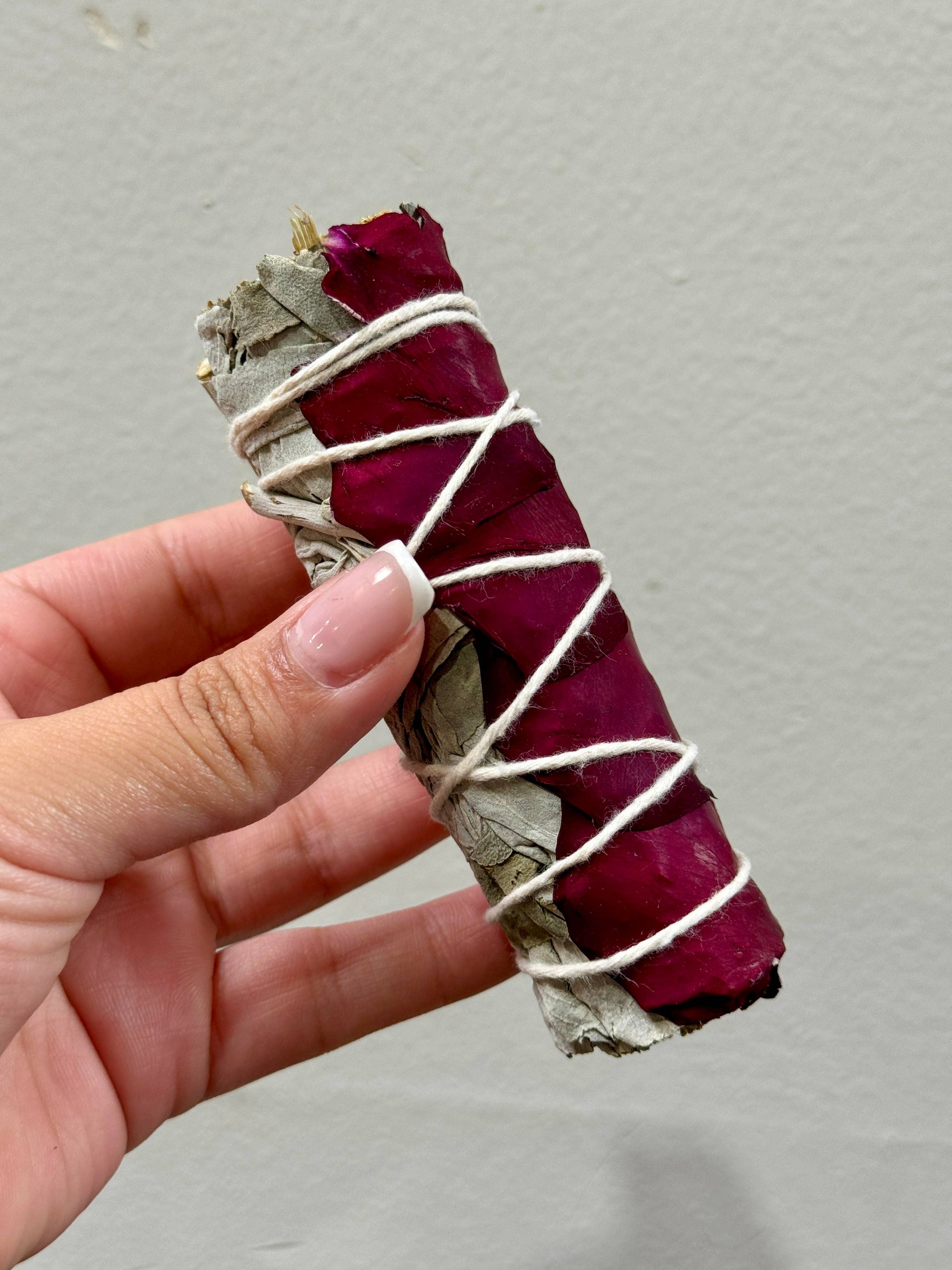 4" White Sage with red rose petal smudge stick